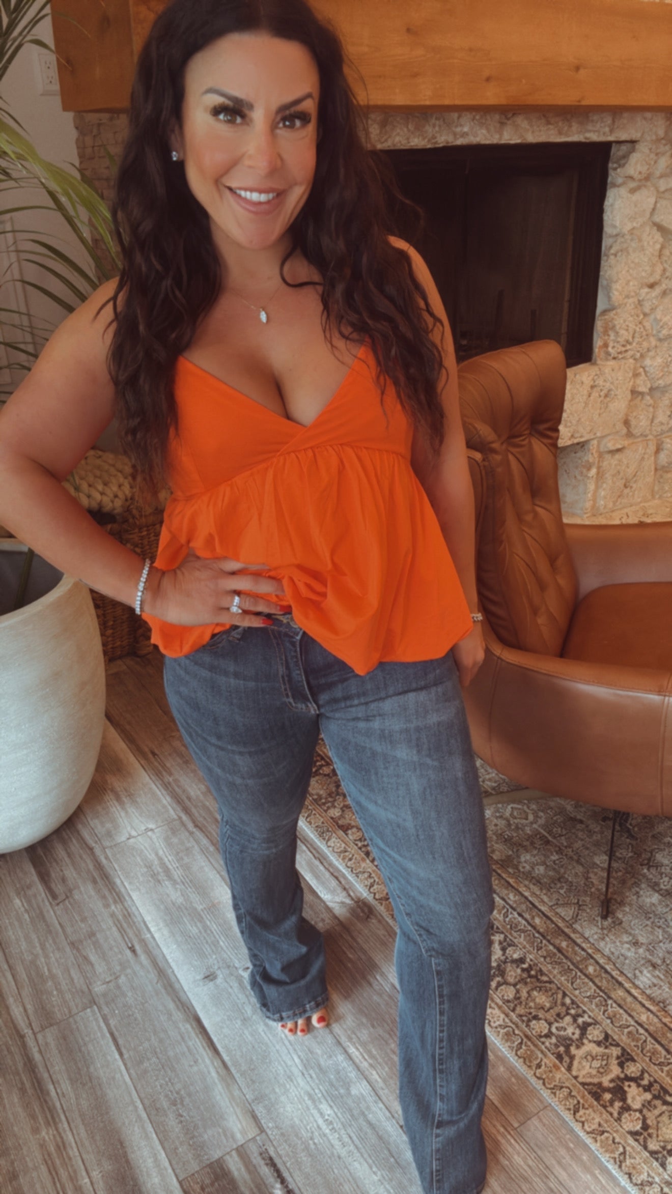 Loose Fit Bubble Hem Orange Tank