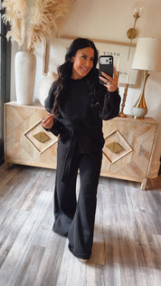 Luxe Black Long Sleeve Belted Sweater and Joggers Set