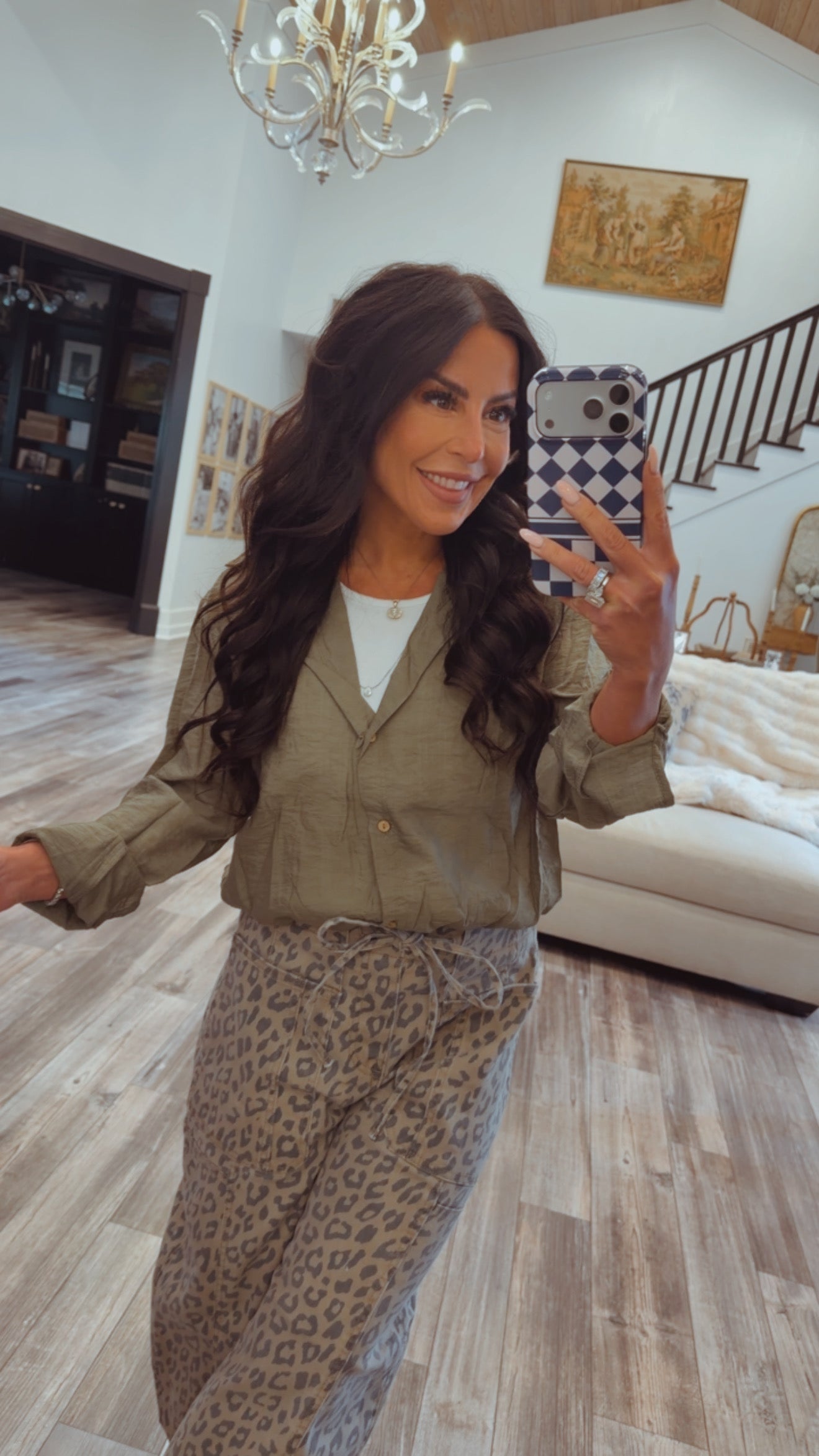 Olive and White Long Sleeve Chic Top With Built In Tank