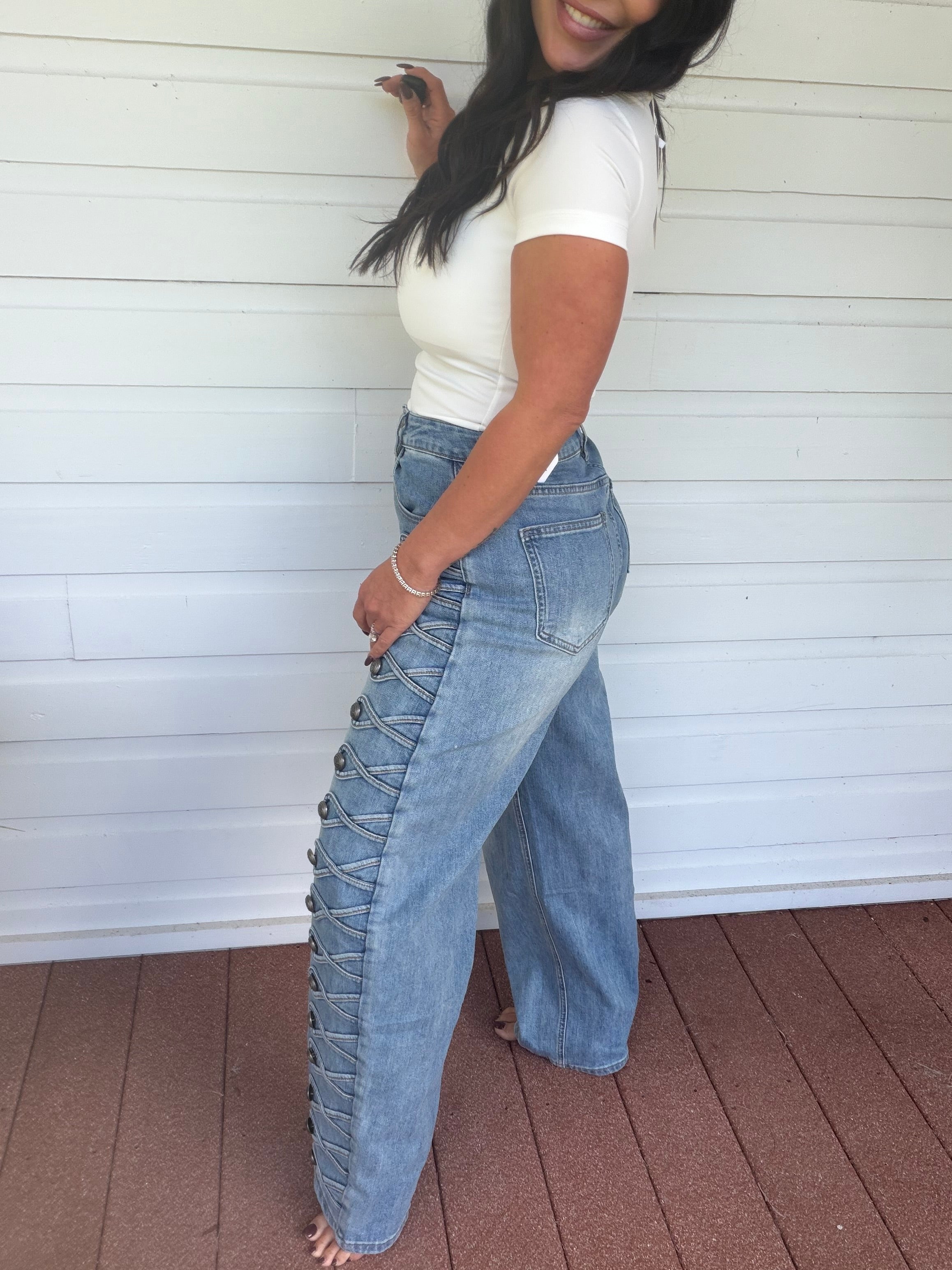 Blue Studded And Cross Stich Jeans