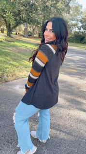 Charcoal And Striped Sleeve Glitter Pocket Top