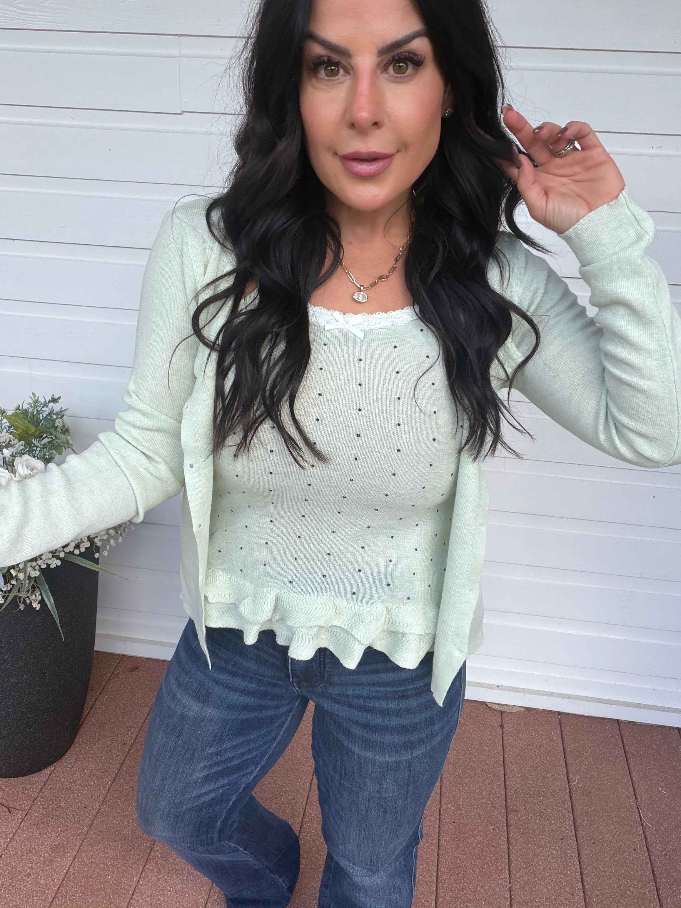 Light Green Knit Two piece Cami Tank And Sweater Top Set