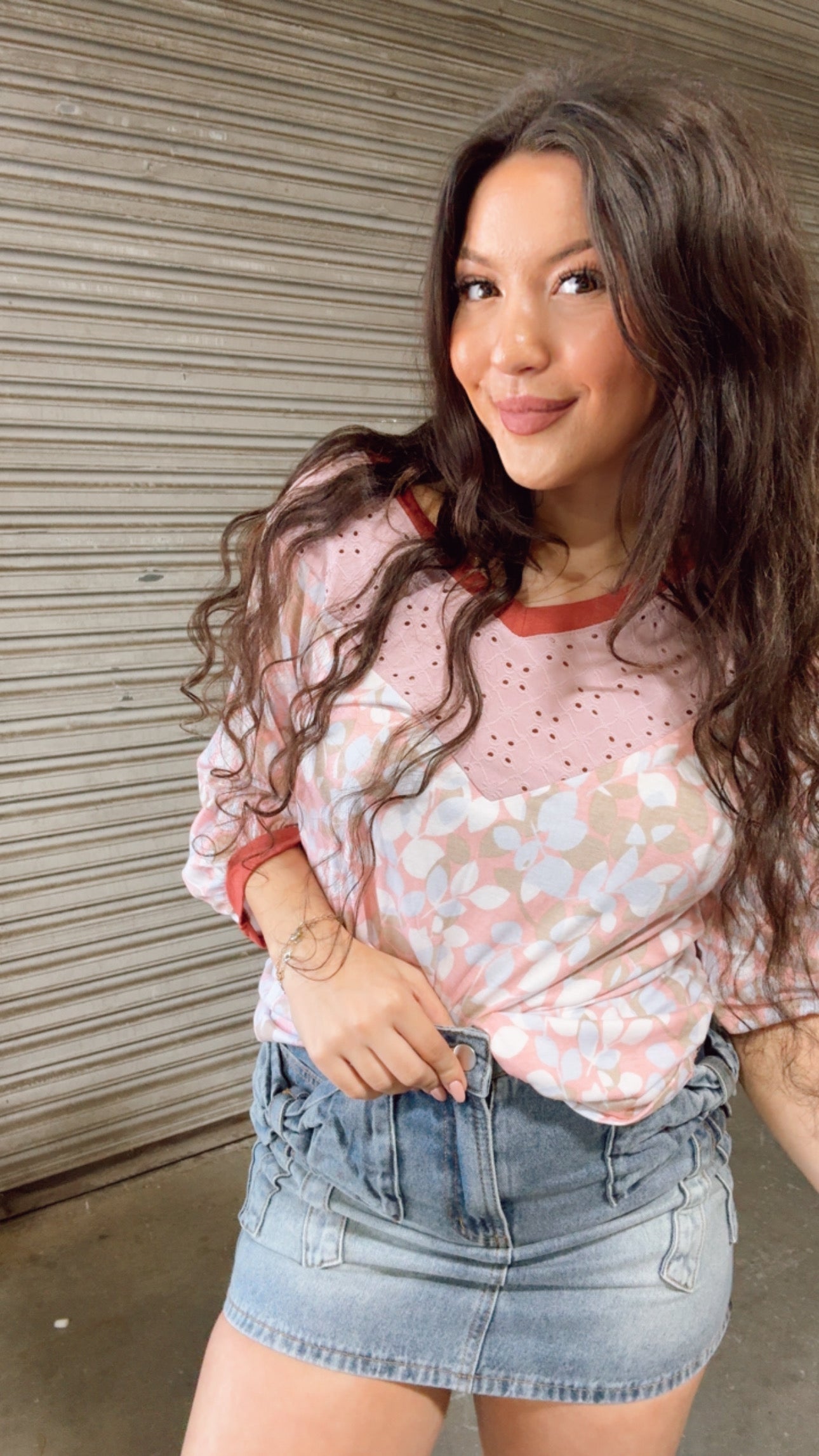 Mauve and Floral Eyelet Lace Long Sleeve Top *Final Sale*