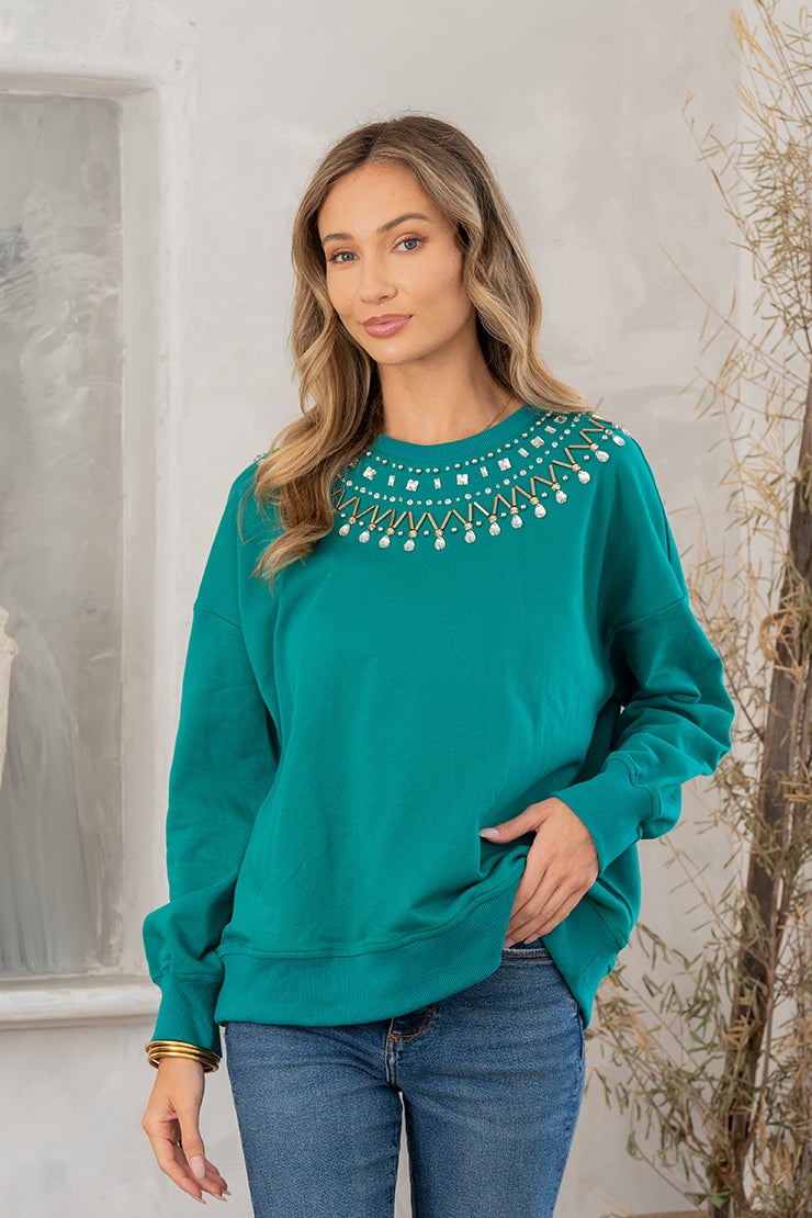 Teal Green And Stone Embellished Crewneck