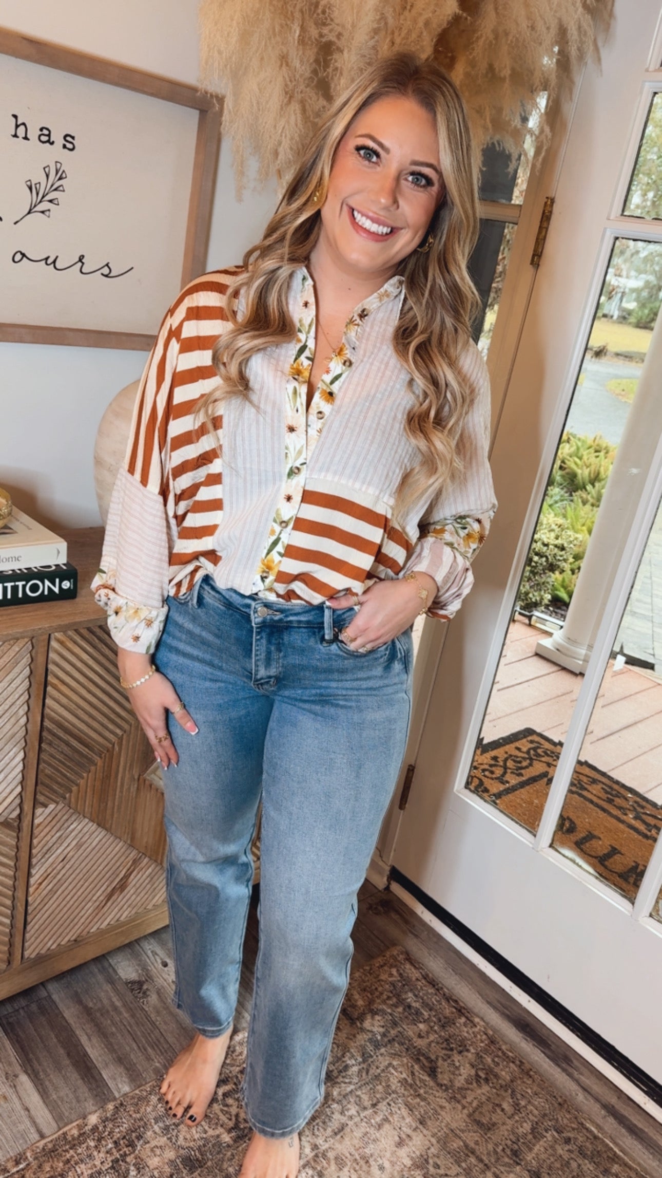 Ivory and Rust Floral Stripe Button Up Top
