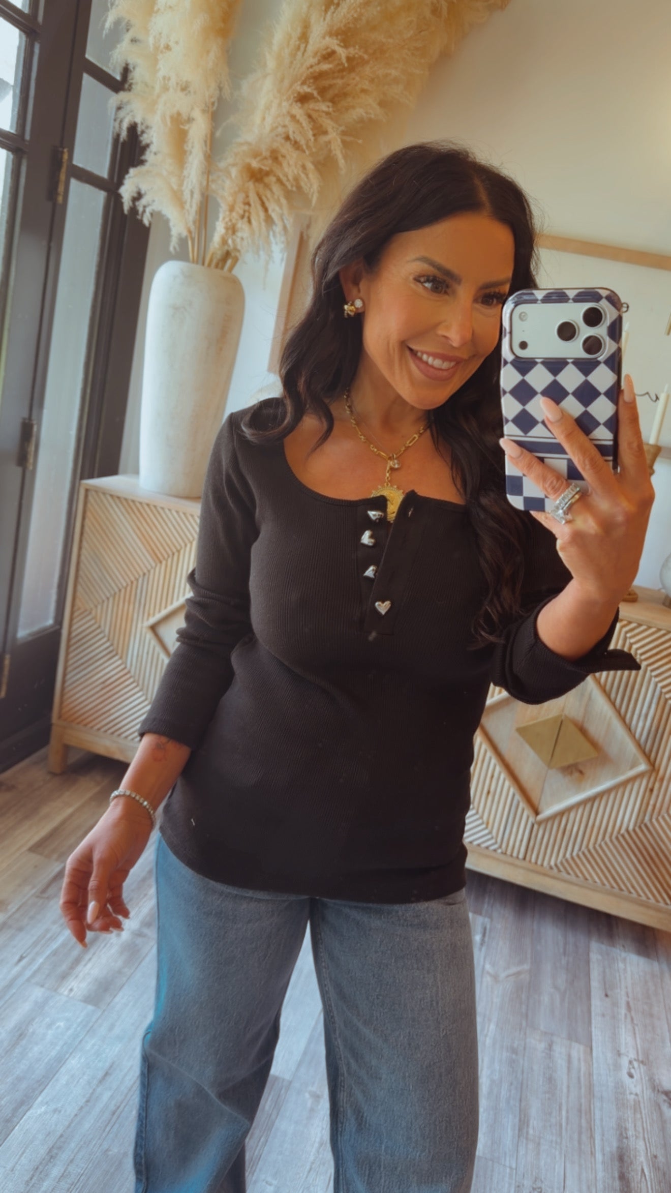 Black Round Neck Gold Btton Sweater