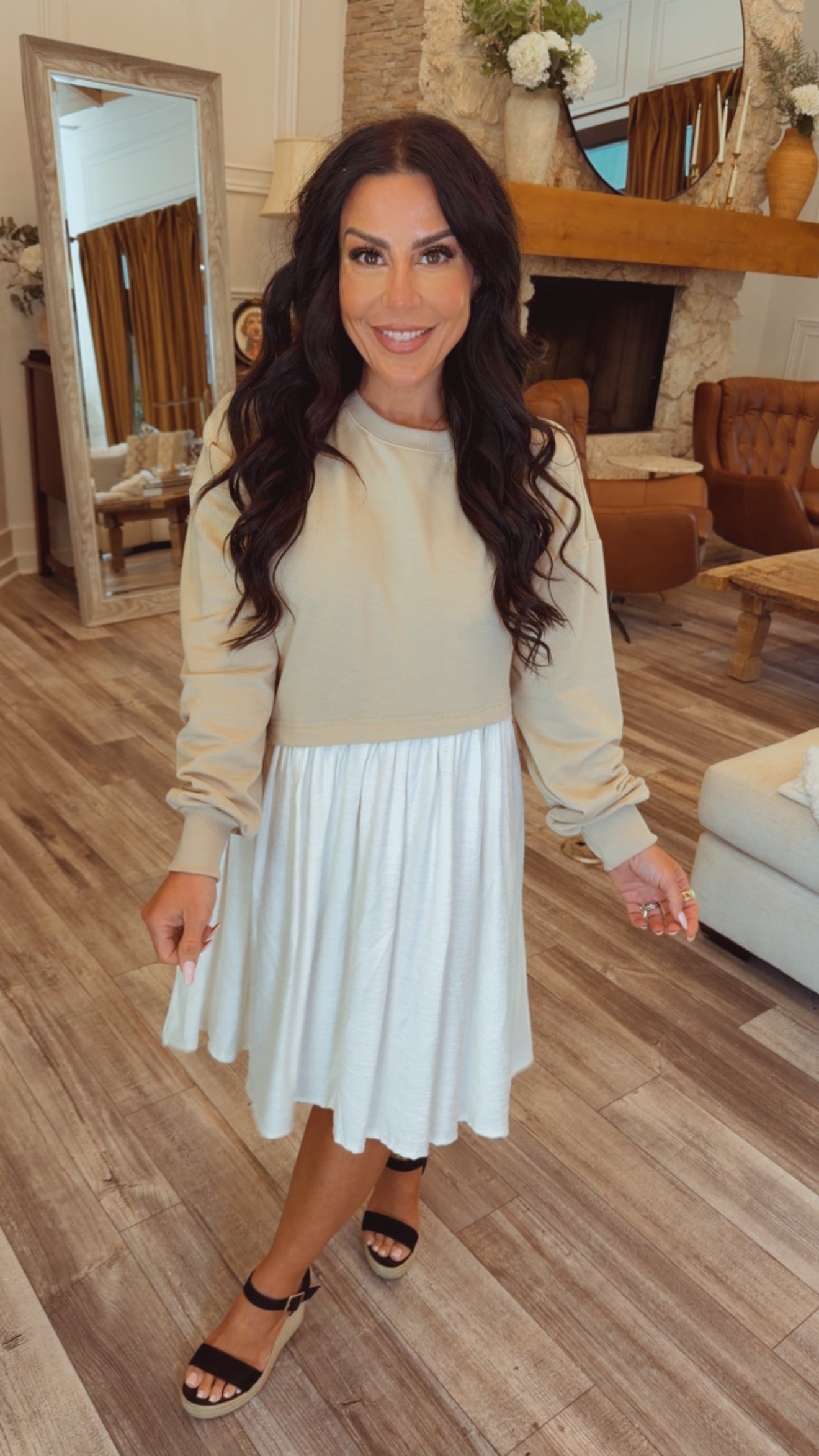 Beige and White Cropped Sweater Dress