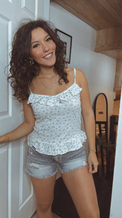 White And Floral Chic Ruffle Trim Top