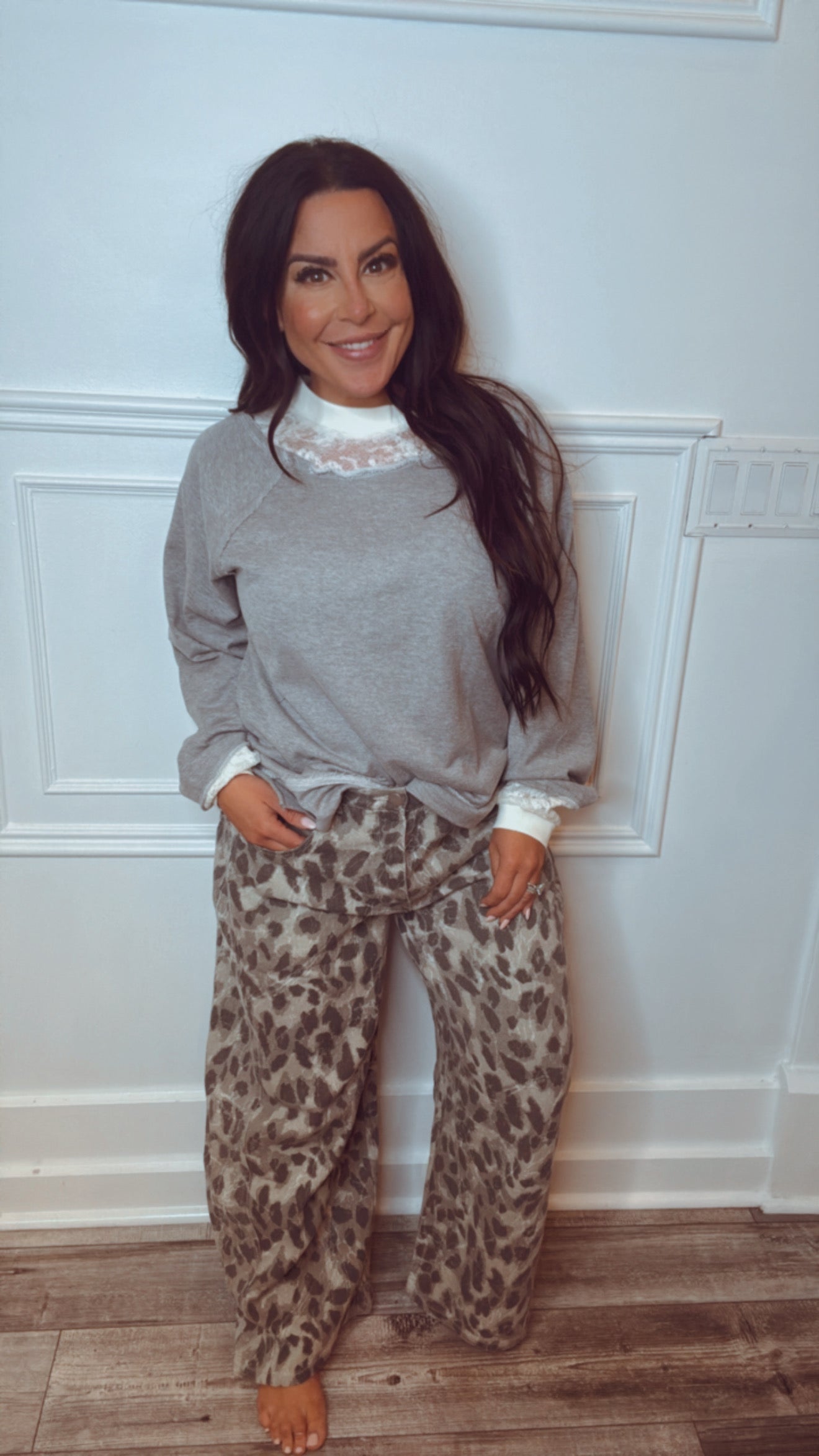 Grey and Black Vintage Leopard Denim Jeans