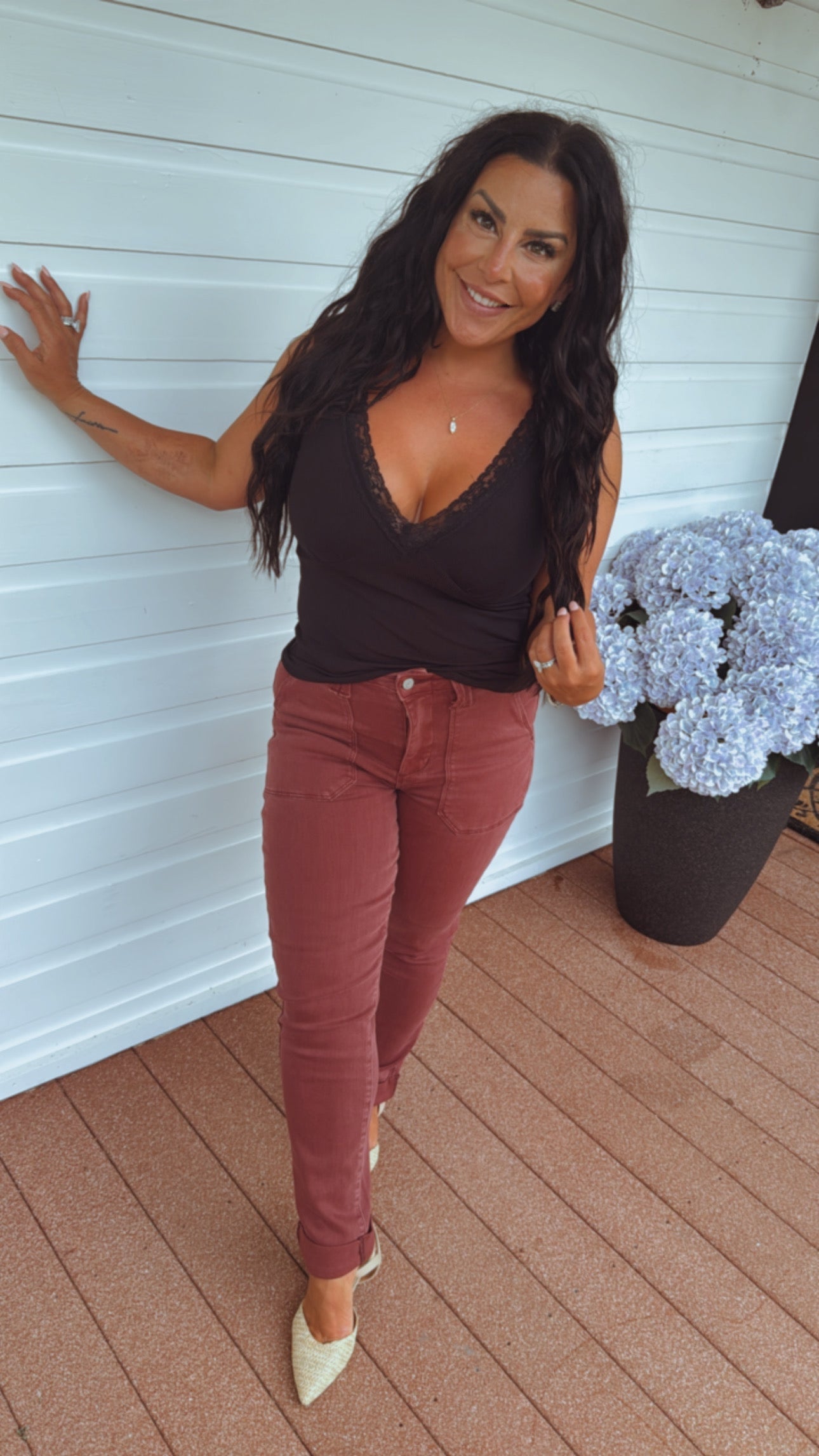 Sassy Black Lace Trim Vneck Tank