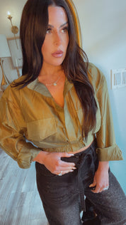 “The Show Stopper ” Sassy Olive Lightweight Long Sleeve Button Up Crop Blouse