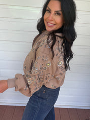 Taupe Suede Silver Embellished Zip-Up Jacket