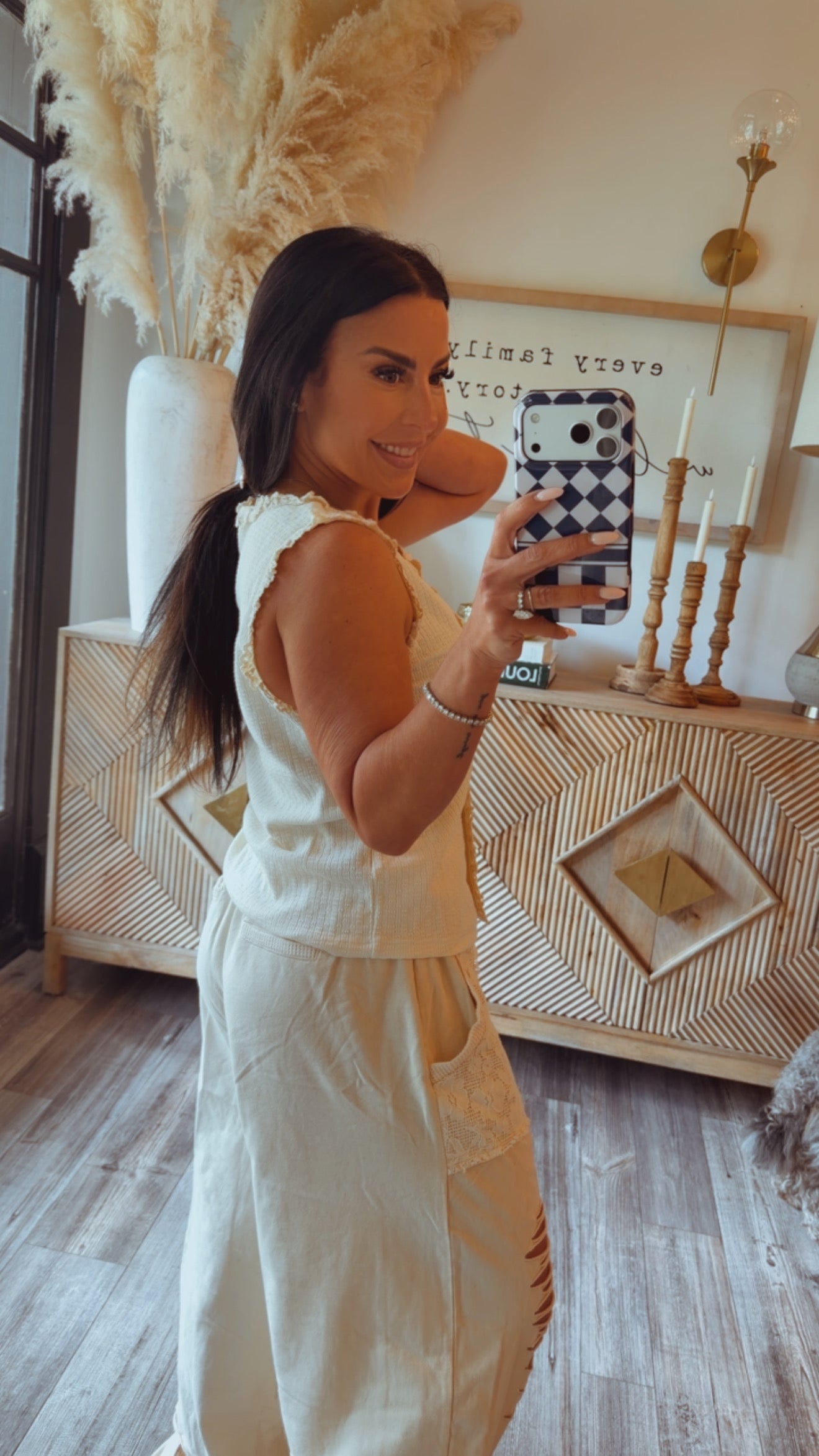 POL Cream Round Neck Button Up Sleeveless Top