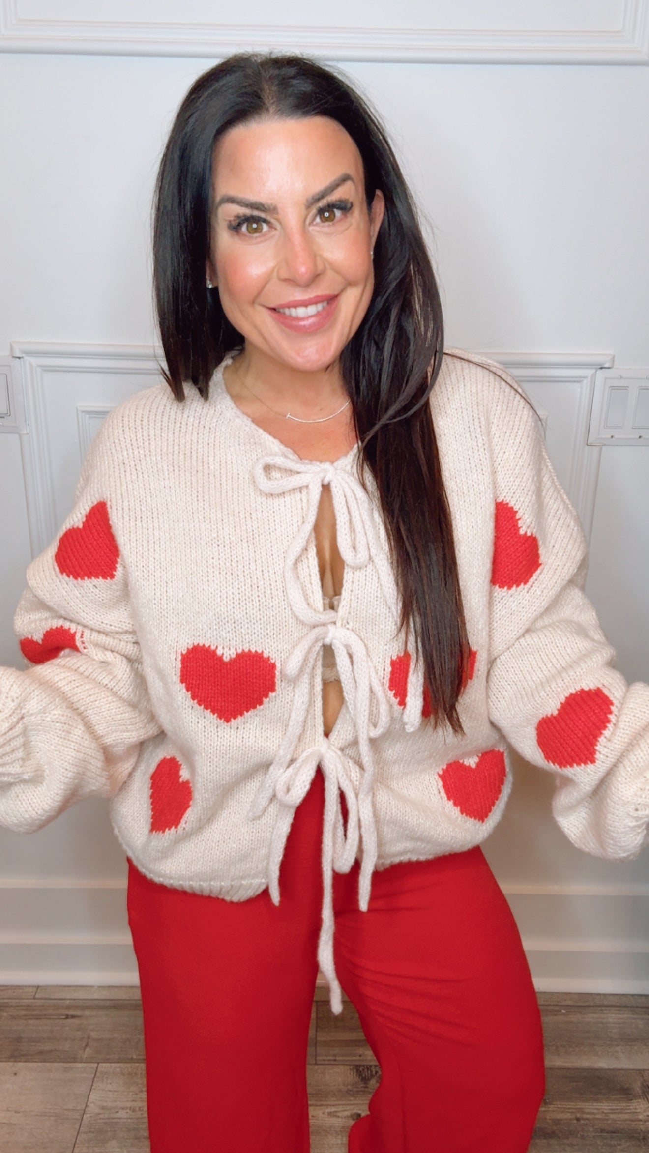 Tan AND Red Heart Tie Front Knit Cardi