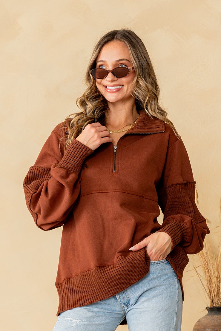 Deep Rust Brown 1/4 Zip Pullover Sweater