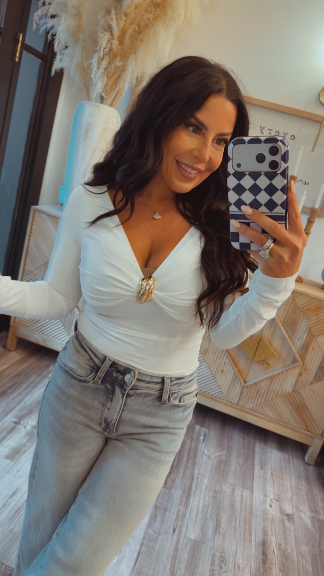 White and Gold Buckle Long Sleeve Bodysuit