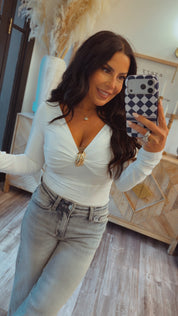 White and Gold Buckle Long Sleeve Bodysuit