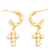 Gold and Pearl Cross Dangle Earrings