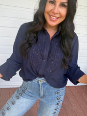 Diva Navy Sparkle Long Sleeve Blouse