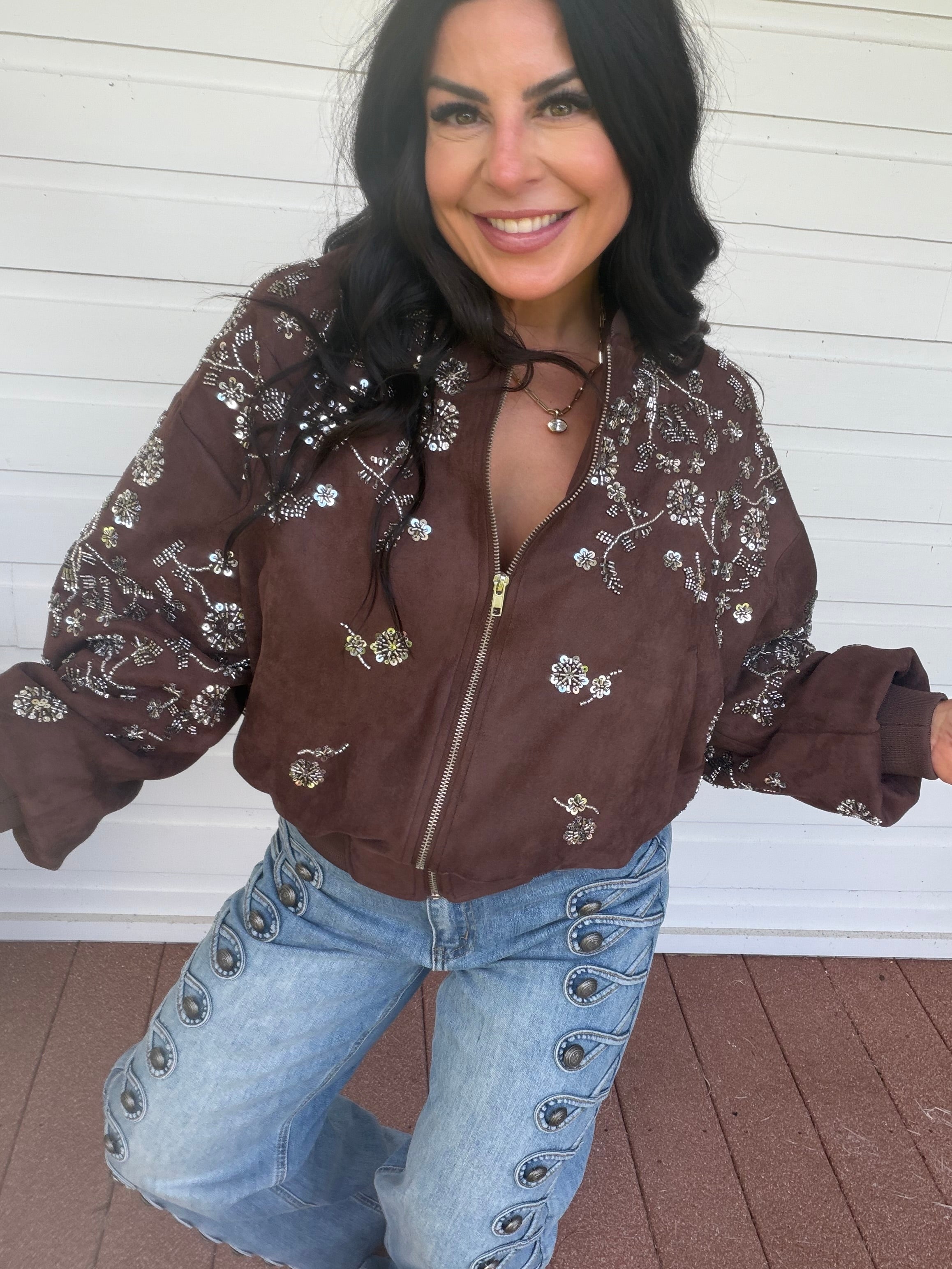 Chocolate Suede Silver Embellished Zip-Up Jacket