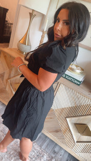 Black Puff Sleeve Smocked Waist Dress