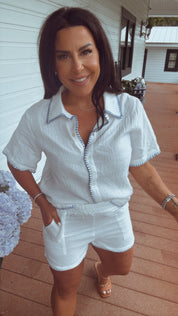 Chic White and Blue Lined Stich Shorts