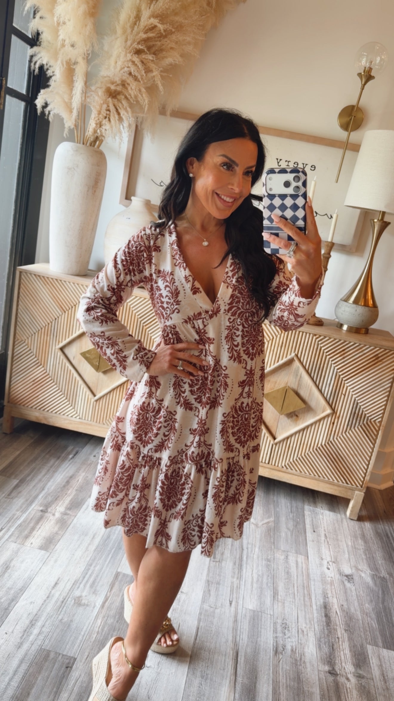 Cream and Brown Piasley Long Sleeve Dress