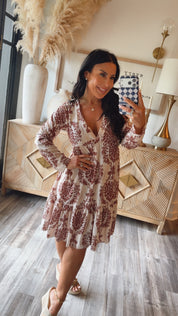 Cream and Brown Piasley Long Sleeve Dress