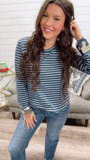 Navy and White Striped Camo Trimmed long Sleeve Top *Final Sale*