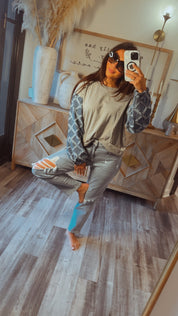 Grey and Denim Chic Lightweight Sweater Top