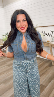 Denim Crystal Studded Button Up Shirt