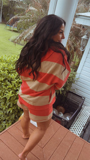 Red and Brown Striped 1/4 Zip Jacket