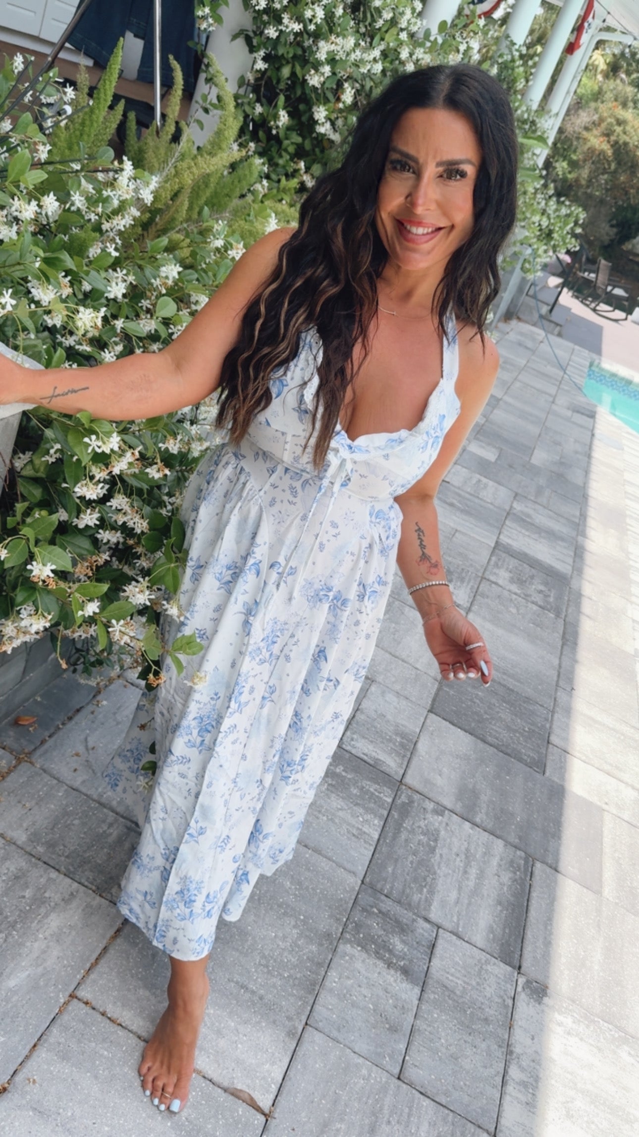 Chic Blue and White Floral Lace Detail Halter Dress