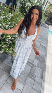 Chic Blue and White Floral Lace Detail Halter Dress