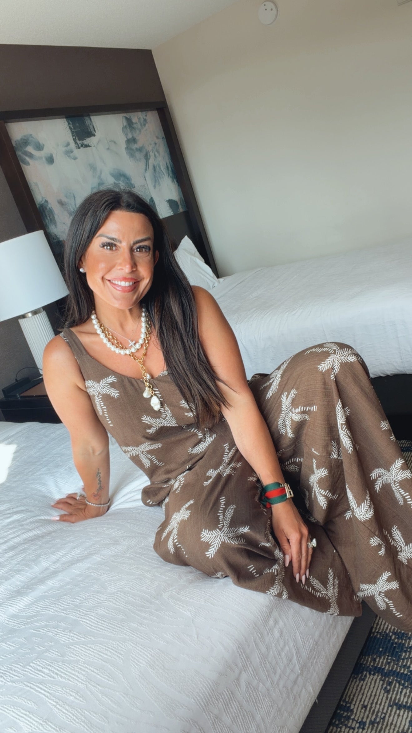 Brown and White Palm Tree Jumpsuit