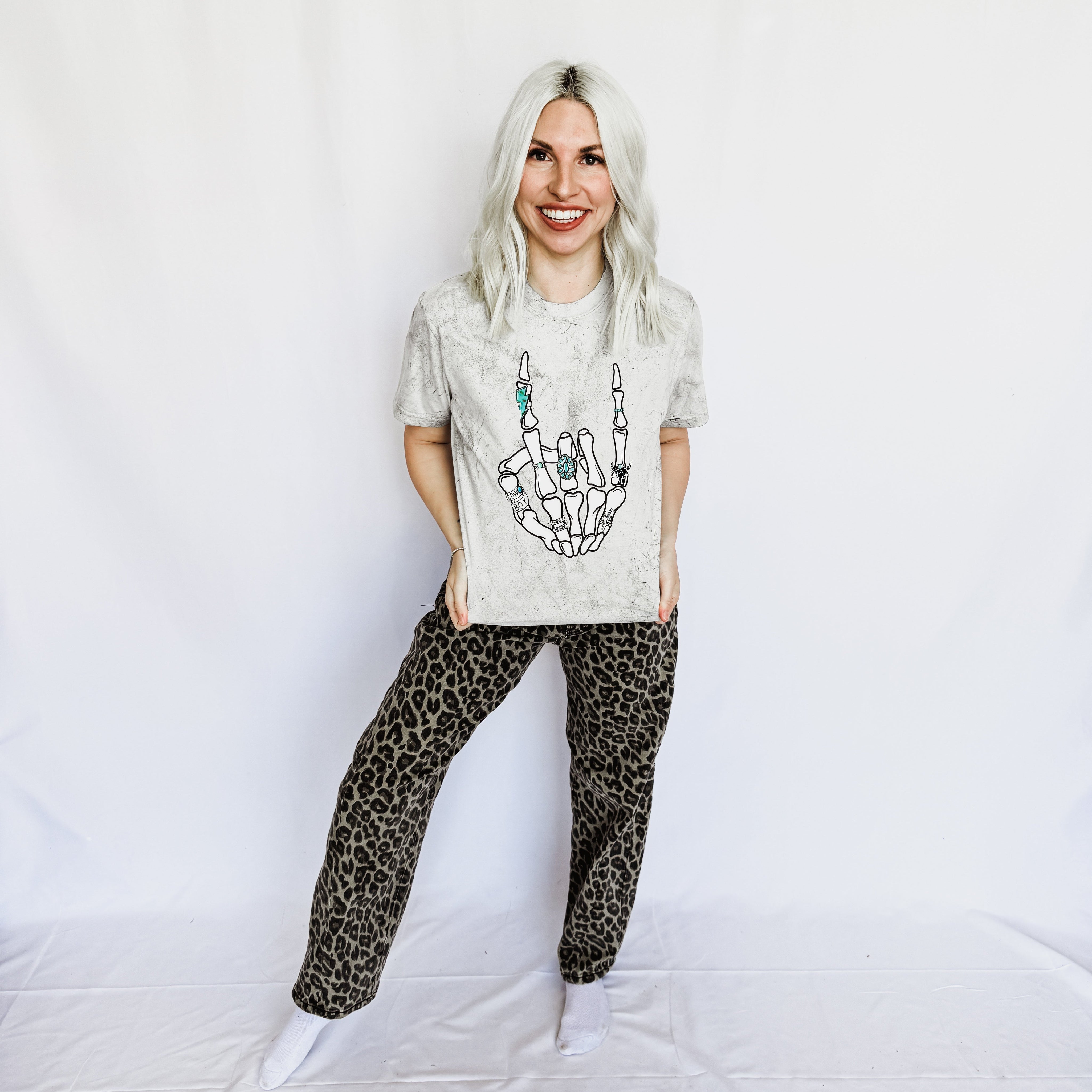 *Turquoise Skeleton Peace Sign Graphic Tee D-1081