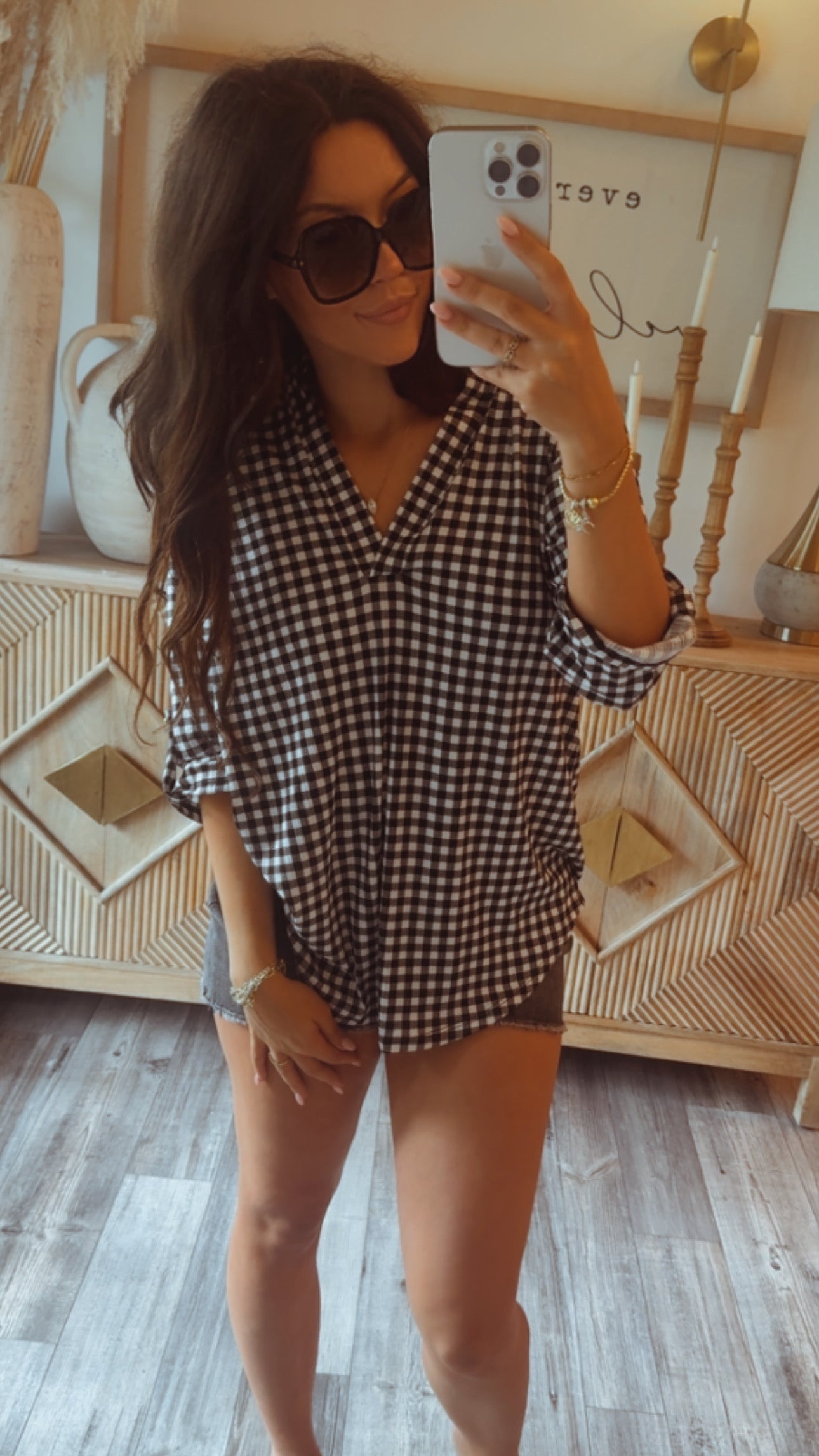 Soft Black and White Gingham 1/4 Sleeve Top