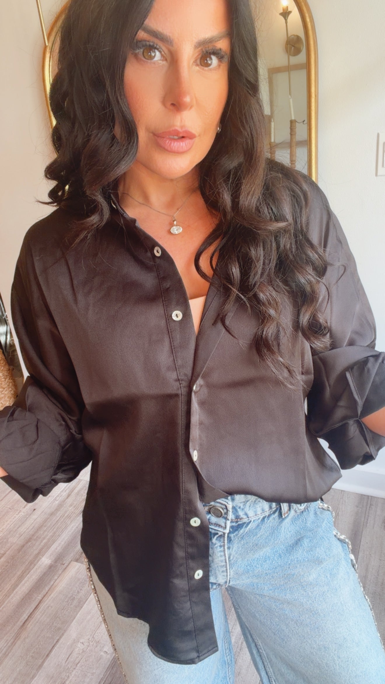 “No Apologies” Sassy Black Lightweight Long Sleeve Button Up Blouse
