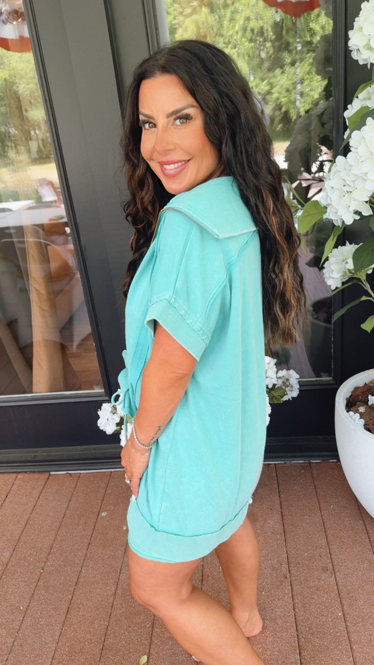 Luxe Teal Loose Fit Acid Wash Quarter Zip Top Stich&CO