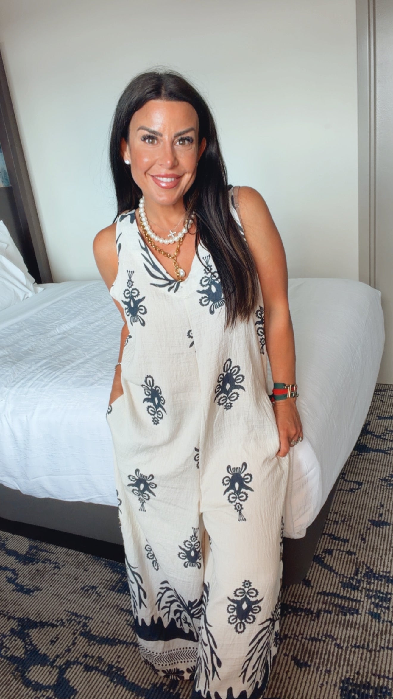 Loose Fit Beige and Navy With Leg Button  Jumpsuit