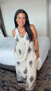 Loose Fit Beige and Navy With Leg Button  Jumpsuit