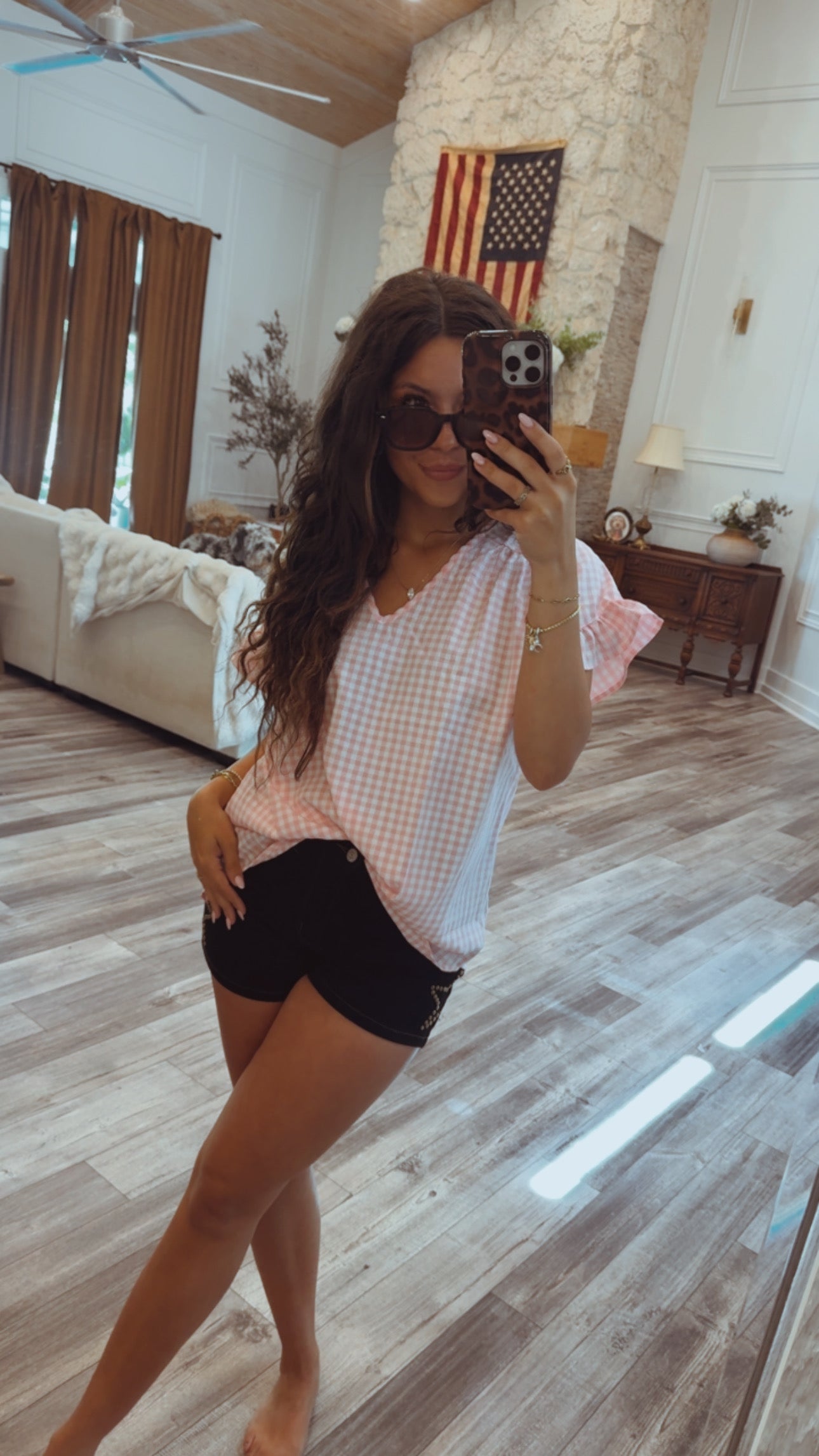 PInk and White Gingham Ultra Soft Ruffle Sleeve Top