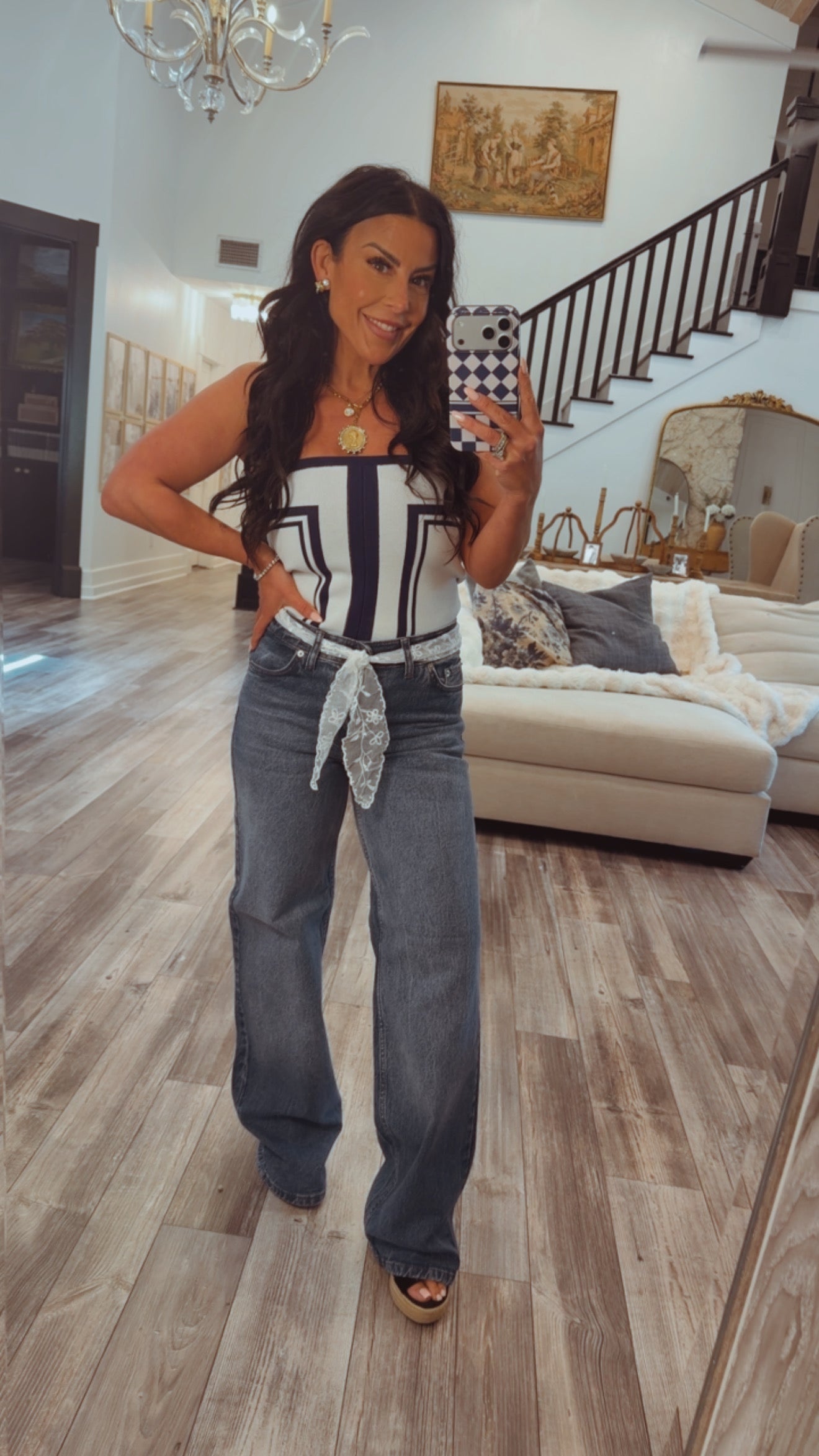 Medium Wash Straight leg White Lace Tie Belt Jeans