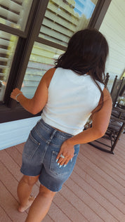 Risen Dark Wash High Rise Tummy Control Raw Hem Shorts