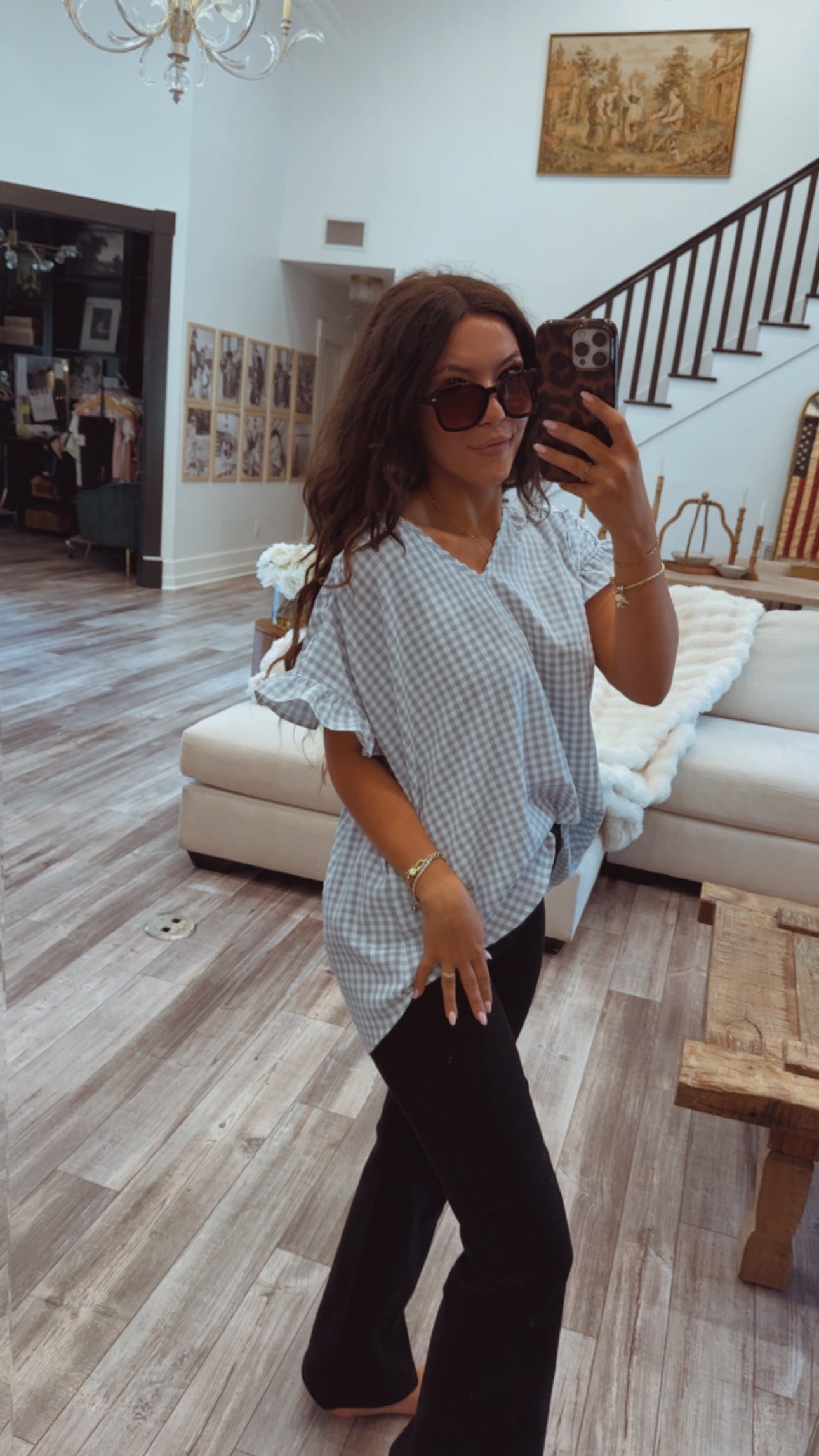 Sage Green  and White Gingham Ultra Soft Ruffle Sleeve Top