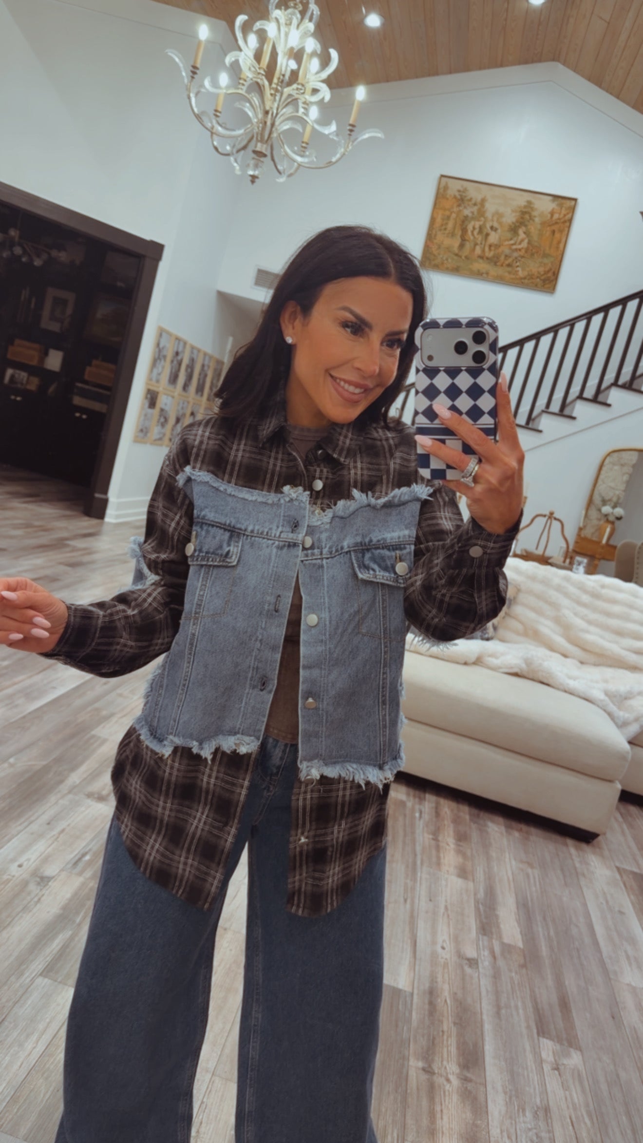 Denim and Flannel Distressed Hem Jacket