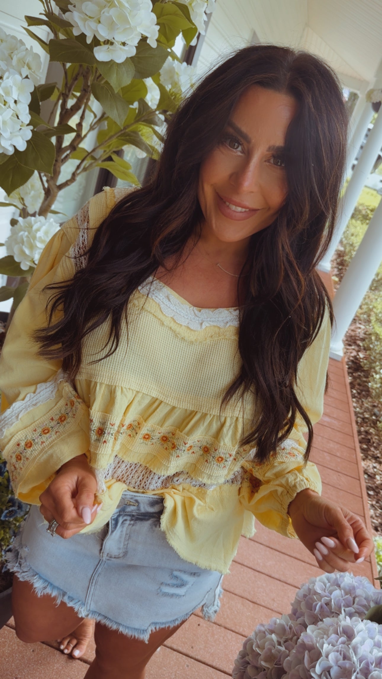 Yellow And Floral Embroidered Zip Back Baby Doll Long Sleeve Top