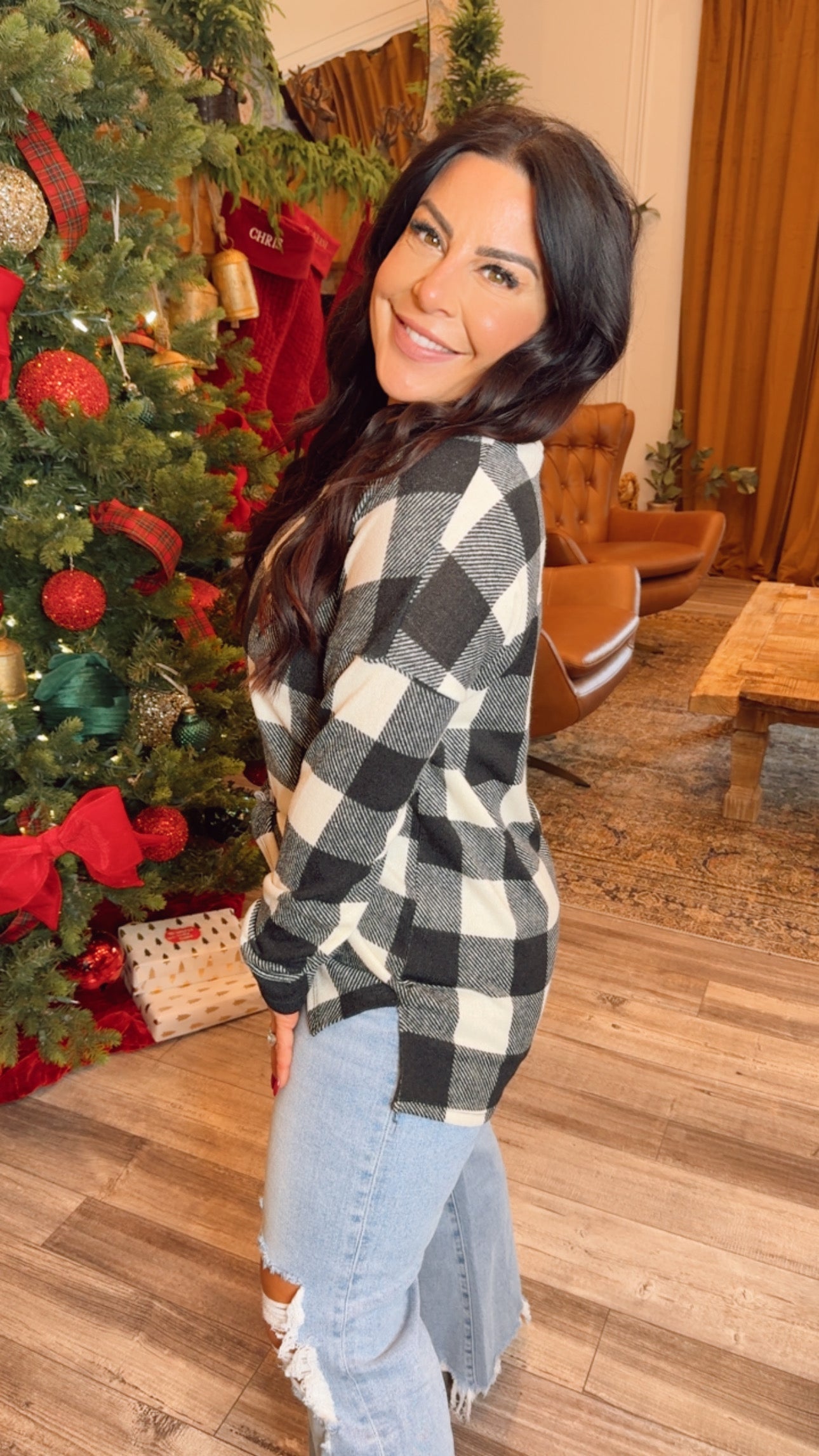 Cream and Black Plaid Long Sleeve Top