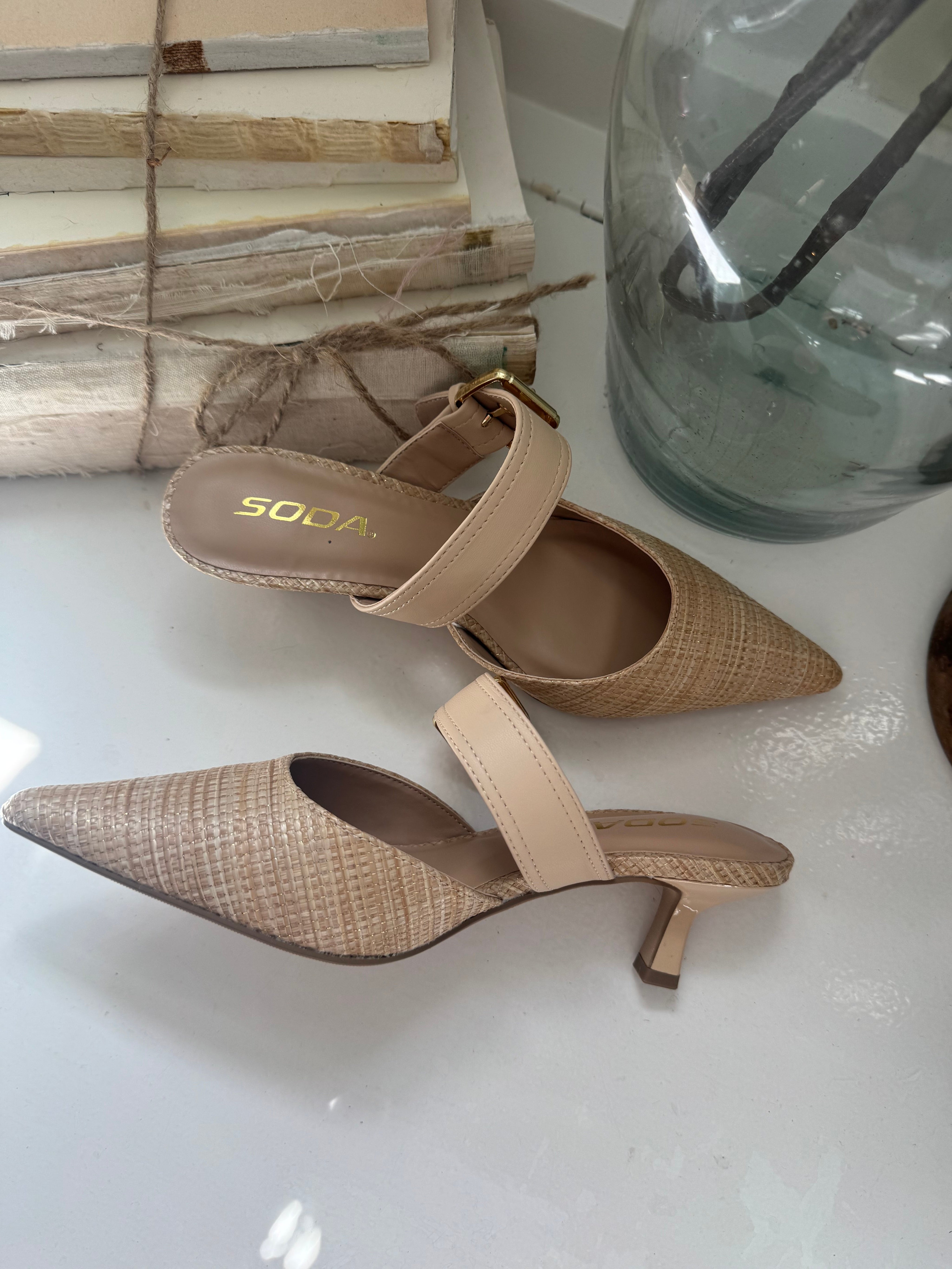 Gold and Natural Point Toe heels