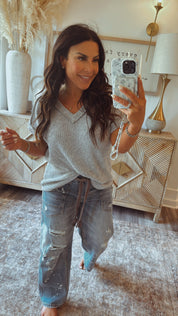 Loose Fit Lightweight Grew Vneck Knit Top